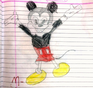 Anaya draws Mickey Mouse.