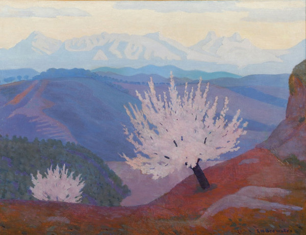 An oil painting by Earl Brewster titled 'Trishul and Nanda Devi Before Sunrise with Autumn Cherry Blossoms'.
