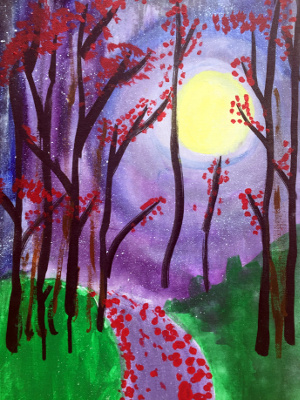 Painting of a forest on a full moon night by Babu Lal Soni's grandchild at St. Xaviers School, Jaipur children's summer art camp.