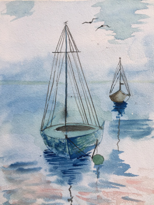Water colour painting of a sailboat by Babu Lal Soni at St. Xaviers School, Jaipur children's summer art camp.