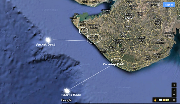 Tentative location of incidents near Veraval Port