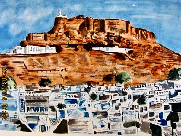 Jodhpur Fort, 14 inches by 11 inches on fabriano paper, a watercolour painting by Rajesh Vasavada.