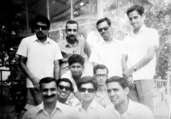 M.A. Beemaiah with batch mates in the probationary period. Front row (from L to R): Ashish K. Raha, Anant Ram, S. Krishnamurthi, M.A. Beemaiah, K.K. Aggarwal, P. C. Jha, Jogendra Singh. Back row (from L to R): Jimmy Tochhawang, V. K. Sharma, Onkar Nath, Kamlesh Tiwari