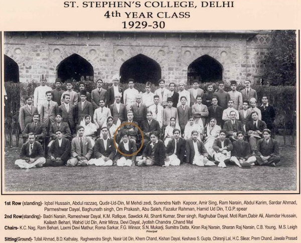 St. Stephen's College, Delhi. 4th Year Class. 1929-30. Khemchand ji kneeling in the front row (5th from left).