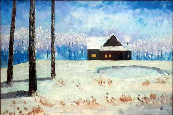 A lonely house with snow all around. (Oil painting with knife.) By Yadav Ram.