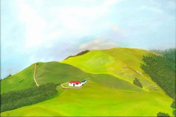 A house on the hills. (This is painted from real life by Yadav Ram on a visit to Shikari Devi Temple in district Mandi, Himachal Pradesh.)