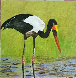 Saddle-billed stork (Oil on canvas by Yadav Ram.)